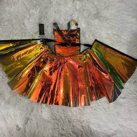 CLUB EXX Techno Gurl Hologram Vinyl Pinafore Overall Dress Metallic Blue Copper - Picture 8 of 12